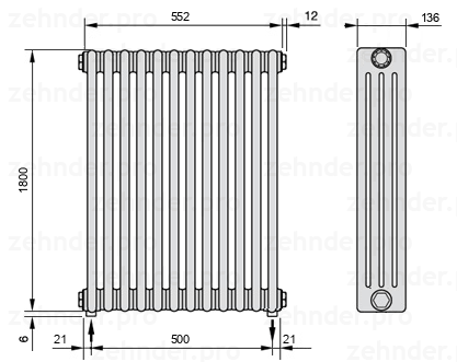 Схема (чертеж) Радиатор Zehnder Charleston 4180/12 №5310 Белый глянцевый RAL 9016